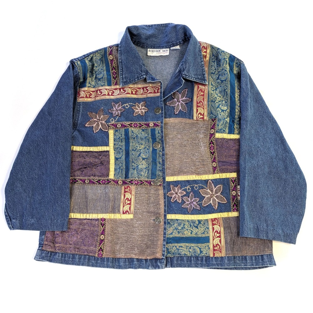 Bedford Fair Lifestyles Denim Patchwork Floral Beaded Jacket XLP Blue Boho